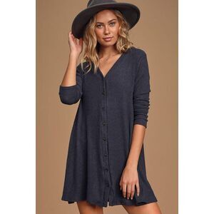 Lulus Sweet Comfort Heather Navy Blue Button-up Sweater Dress - Size XS